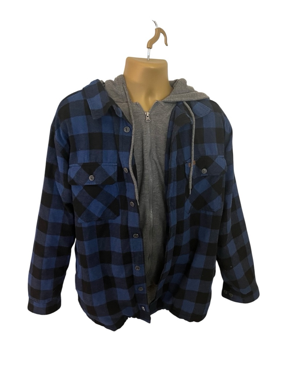 Smith’s Workwear Hooded Flannel Shirt Jacket Plaid Fleece Lined Blue Black XL
